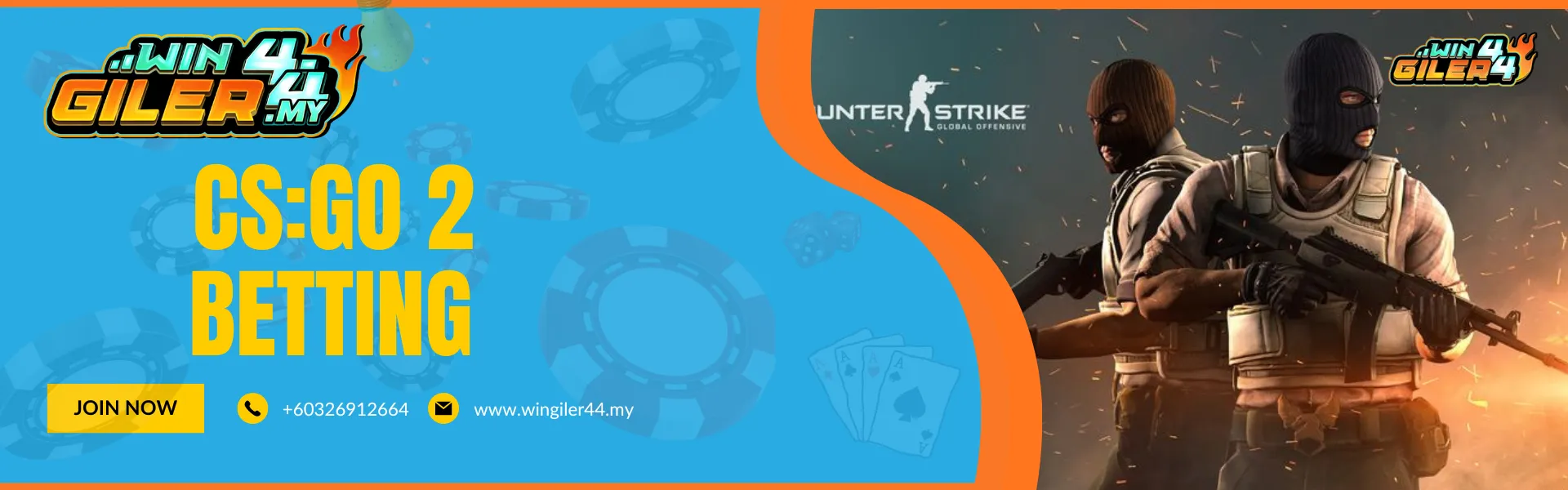 CSGO2 BETTING" Esports banner for Wingiler44 Malaysia featuring tactical gear, a modern rifle, and a high-action combat scene from the popular first-person shooter game.