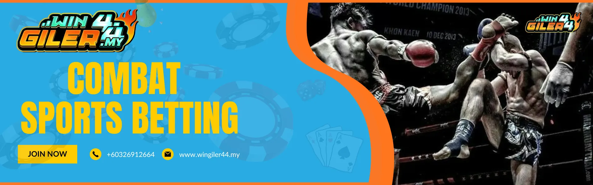Wingiler44 Malaysia promotional banner for "COMBAT SPORTS BETTING." The visual features a black-and-white, high-contrast image of Muay Thai fighters or MMA athletes in a mid-kick action during a match.