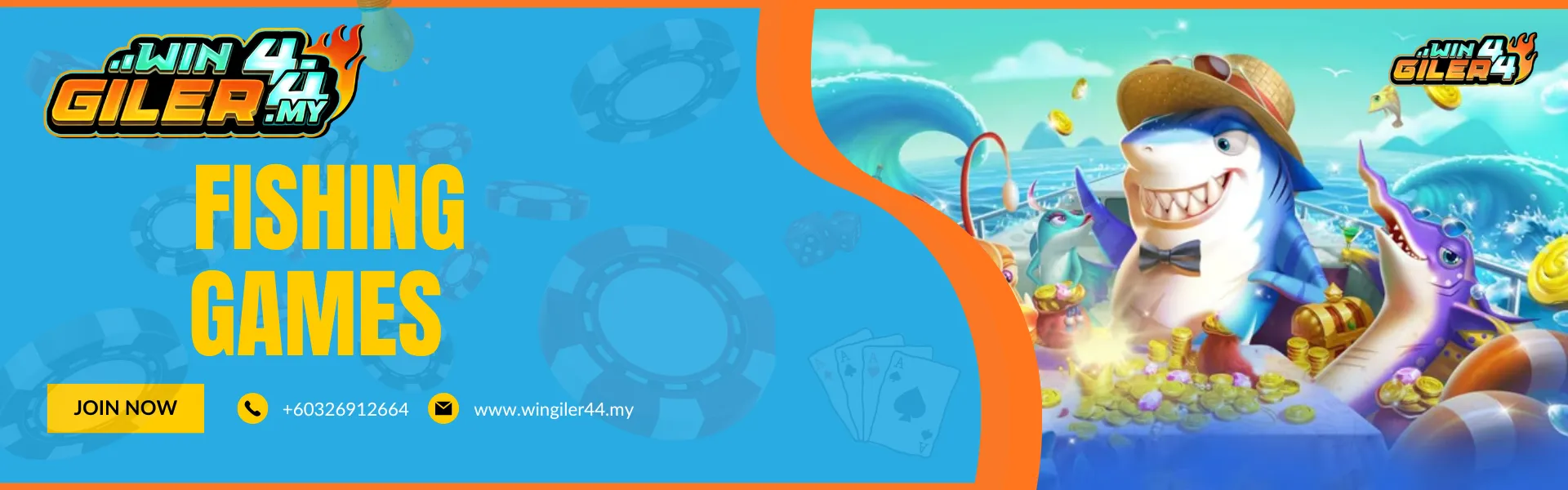 Wingiler44 Malaysia "FISHING GAMES" banner featuring vibrant cartoon sea creatures, including a shark wearing a straw hat and bowtie, surrounded by gold coins and treasure chests under the sea.
