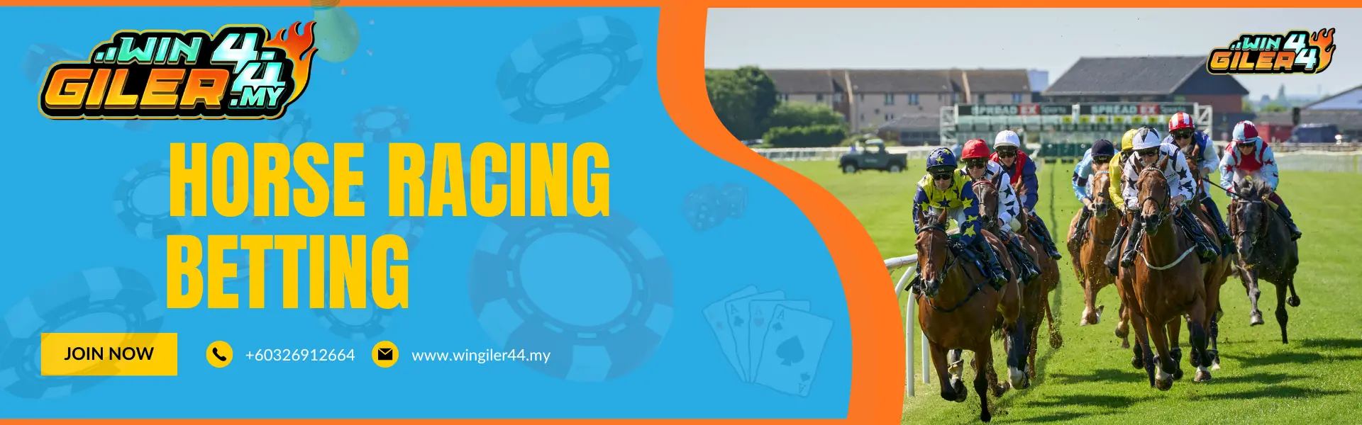 "HORSE RACING BETTING" banner for Wingiler44 Malaysia featuring a powerful image of jockeys on horses mid-gallop during a race, capturing the speed and excitement of the turf.