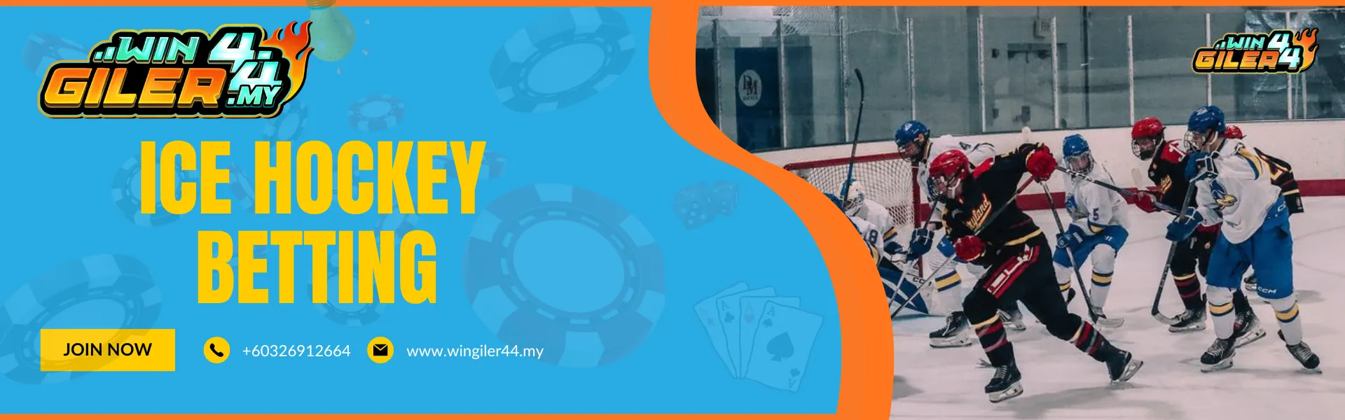A horizontal banner titled "ICE HOCKEY BETTING" for Wingiler44 Malaysia. The right side shows a high-action scene of professional hockey players in gear competing on an ice rink. Includes contact details and website URL.