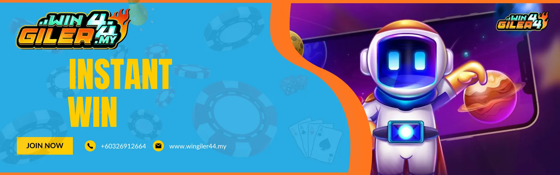 "INSTANT WIN" promotional banner for Wingiler44 Malaysia. The artwork features a cute 3D robot astronaut character in front of a smartphone screen, floating in a space-themed setting with planets.