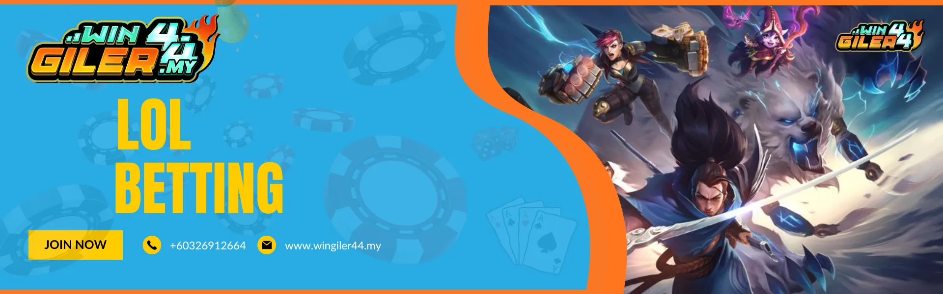 A horizontal banner for Wingiler44 Malaysia titled "LOL BETTING" (League of Legends). The right side features a high-quality cinematic illustration of legendary champion characters from the game, set against a magical, glowing background. The layout includes the Wingiler44 logo, a "Join Now" button, and contact details.