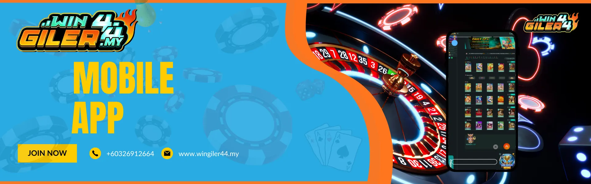 Promotional banner for the Wingiler44 Malaysia "MOBILE APP." The right side shows a modern smartphone interface displaying the gaming platform's app layout, set against a background of a lit-up casino roulette wheel and 3D dice.