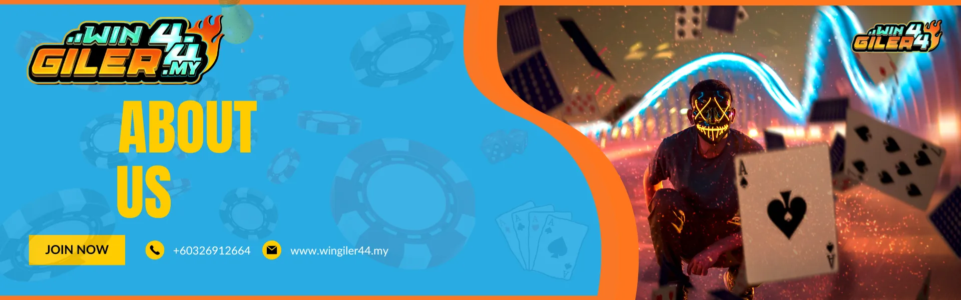 ABOUT US" branding banner for Wingiler44 Malaysia. The right side features a person wearing a glowing neon LED mask amidst a dynamic background of floating playing cards and blue light trails, giving the brand a modern, high-tech gaming feel.