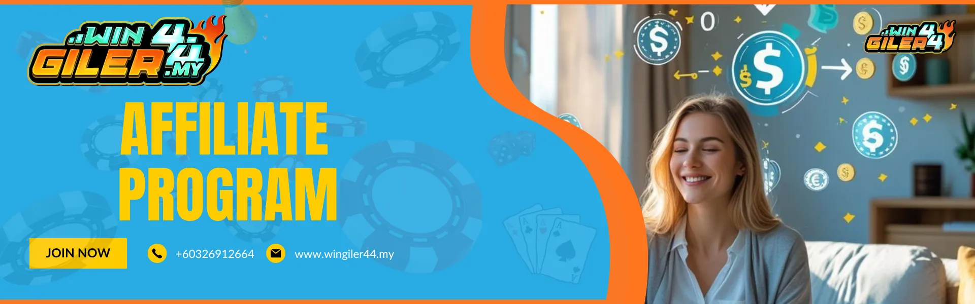 Wingiler44 Malaysia "AFFILIATE PROGRAM" banner. It features a smiling woman on the right surrounded by floating green dollar signs and currency icons, illustrating the potential for earning commissions through their partnership program.