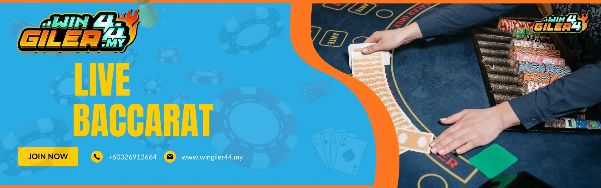 Promotional banner for Wingiler44 Malaysia "BACCARAT." The image features a professional dealer's hands dealing cards onto a green felt table, highlighting the sophisticated atmosphere of live baccarat.