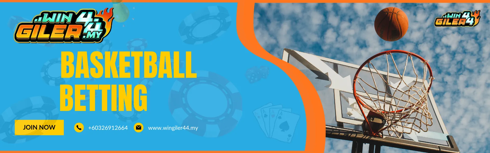 Wingiler44 Malaysia "BASKETBALL" betting banner. The visual showcases a high-energy basketball game scene with a player attempting a layup under stadium lights.