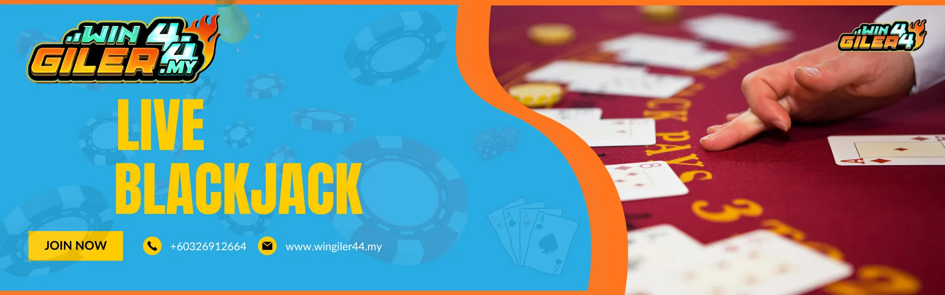 Wingiler44 Malaysia "LIVE BLACKJACK" banner showing a winning hand of an Ace and a Jack (21) on a casino table with professional betting chips in the background.