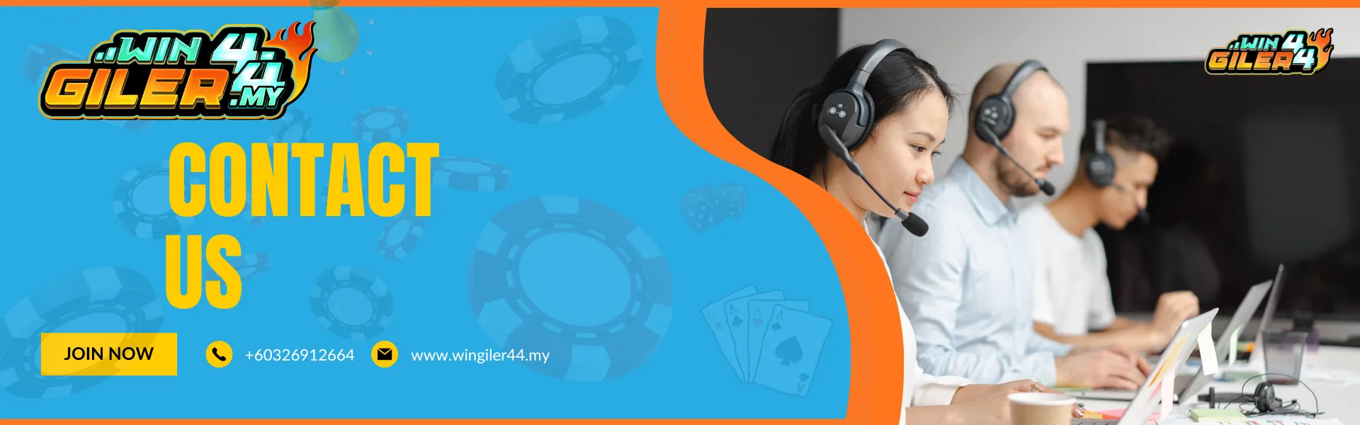 "CONTACT US" banner for Wingiler44 Malaysia. The visual shows a customer support representative wearing a headset and smiling, symbolizing friendly and professional assistance.
