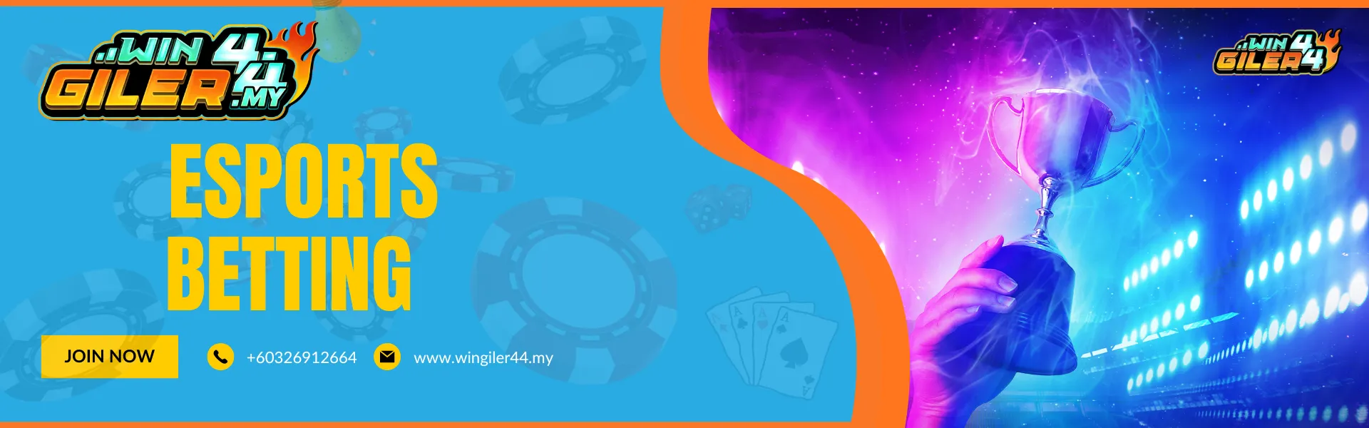 Wingiler44 Malaysia banner for "ESPORTS BETTING" featuring a hand holding a glowing silver championship trophy against a vibrant purple and blue neon background. The design includes the Wingiler44 logo and a yellow "Join Now" button.