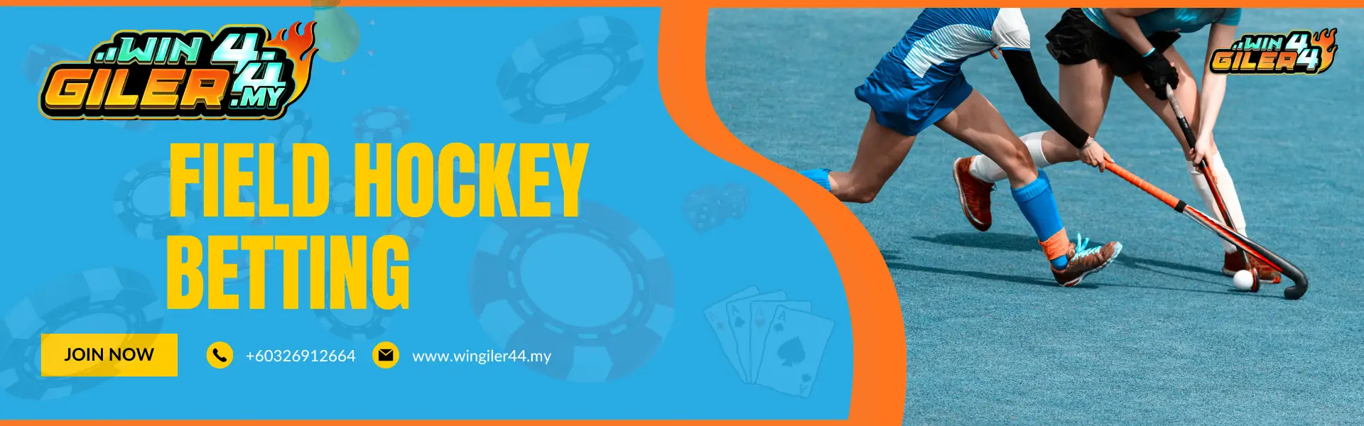 Official Wingiler44 Malaysia banner for "FIELD HOCKEY." The right side depicts a field hockey player in action on a green turf field, capturing the intensity of the sport.