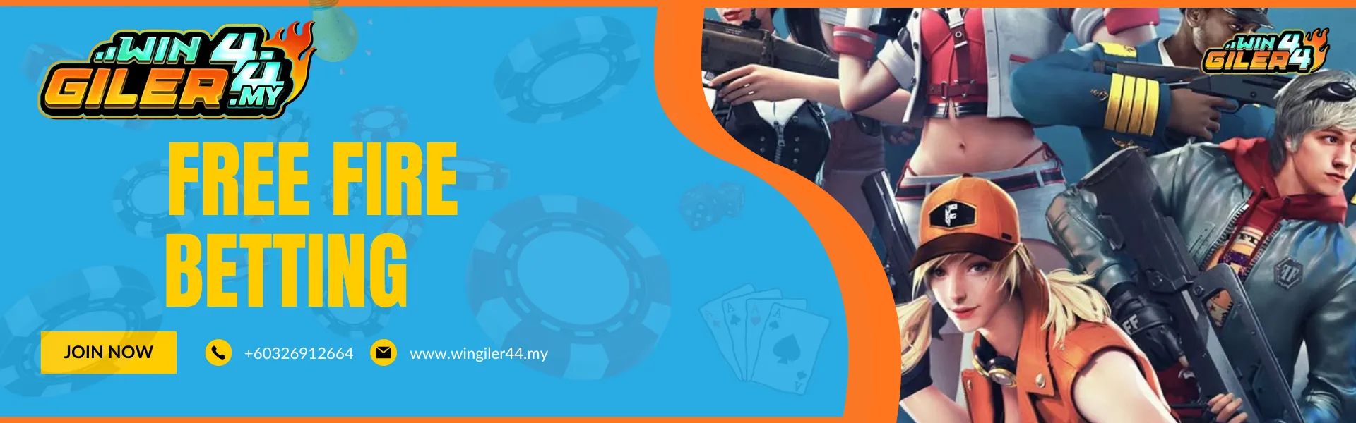 "FREE FIRE BETTING" banner. The visual showcases a group of stylized survival-shooter characters in tactical gear, one of whom is riding a high-tech motorcycle. The background features a chaotic, action-packed battlefield setting typical of the battle royale genre.