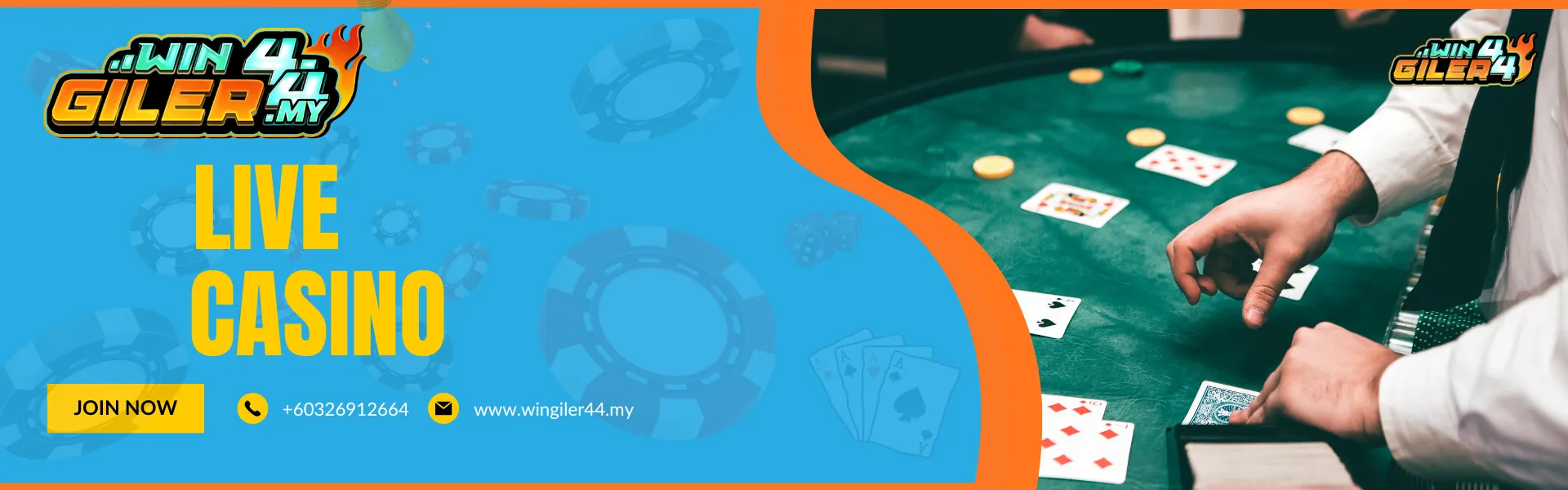 A horizontal banner for Wingiler44 Malaysia "LIVE CASINO" showing a first-person view of a professional dealer's hands at a green felt baccarat or blackjack table with dealt playing cards and betting chips.