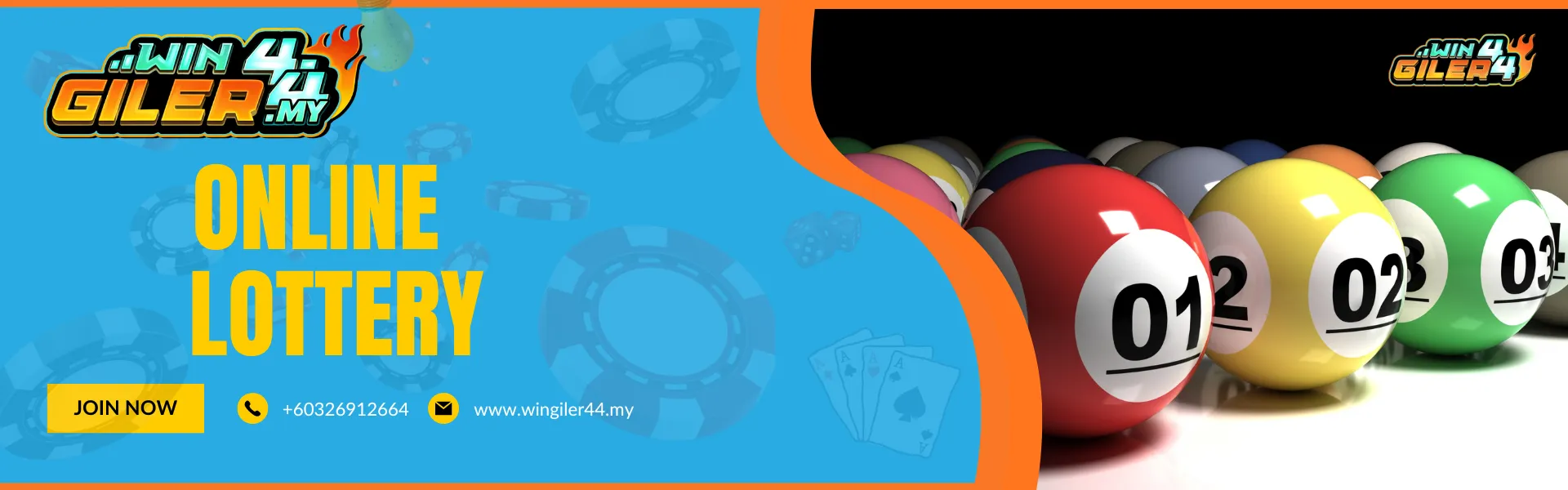 "ONLINE LOTTERY" banner for Wingiler44 Malaysia featuring a row of colorful, glossy lottery balls with numbers like 01, 02, and 03. The left side maintains the brand's signature blue background with floating casino chips.