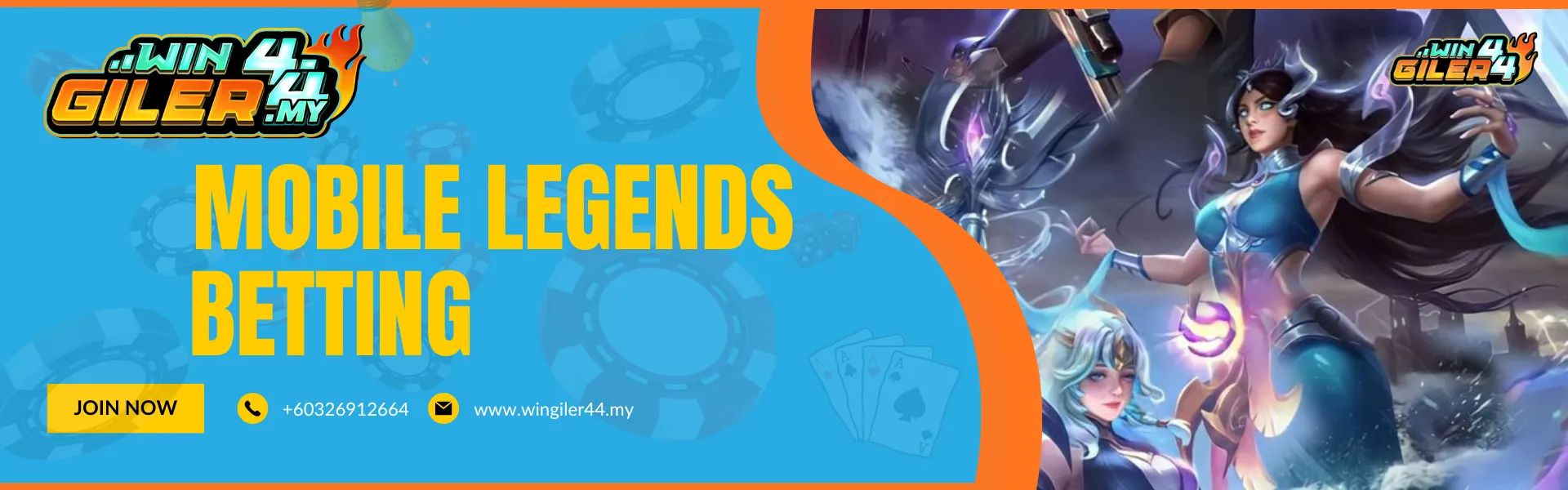 Wingiler44 Malaysia banner for "MOBILE LEGENDS BETTING" featuring high-quality character art from MLBB, representing competitive mobile MOBA gaming and tournament betting.