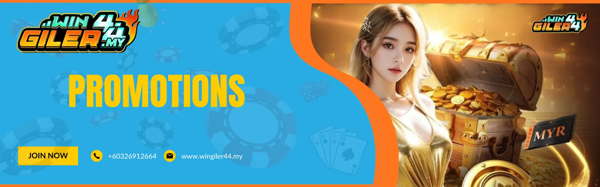 Wingiler44 Malaysia "PROMOTIONS" banner. The design features a glowing gift box overflowing with gold coins and luxury items, representing exclusive rewards and member bonuses.