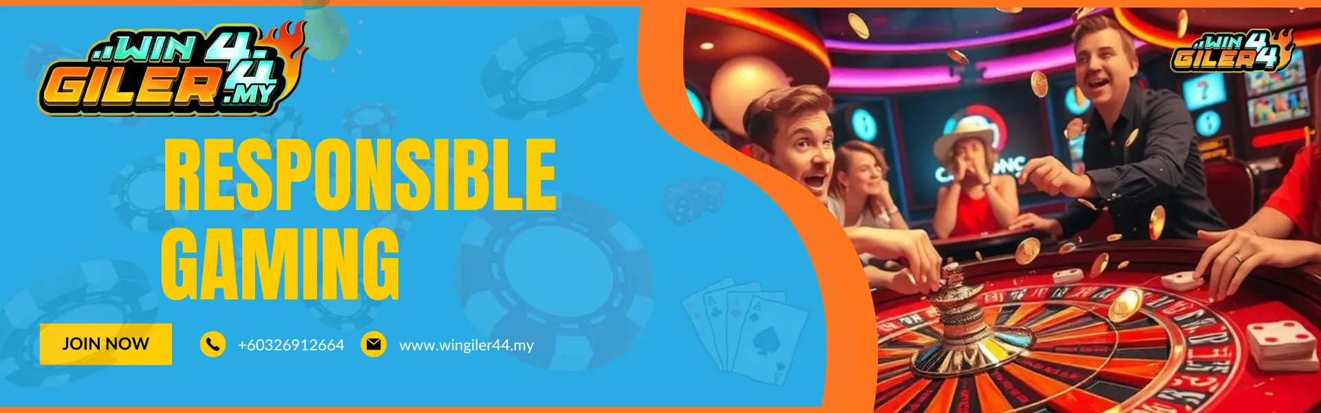 Wingiler44 Malaysia banner for "RESPONSIBLE GAMING." The visual features a vibrant, high-energy casino setting with people smiling around a roulette table and flying gold coins, emphasizing a safe and fun gambling environment.