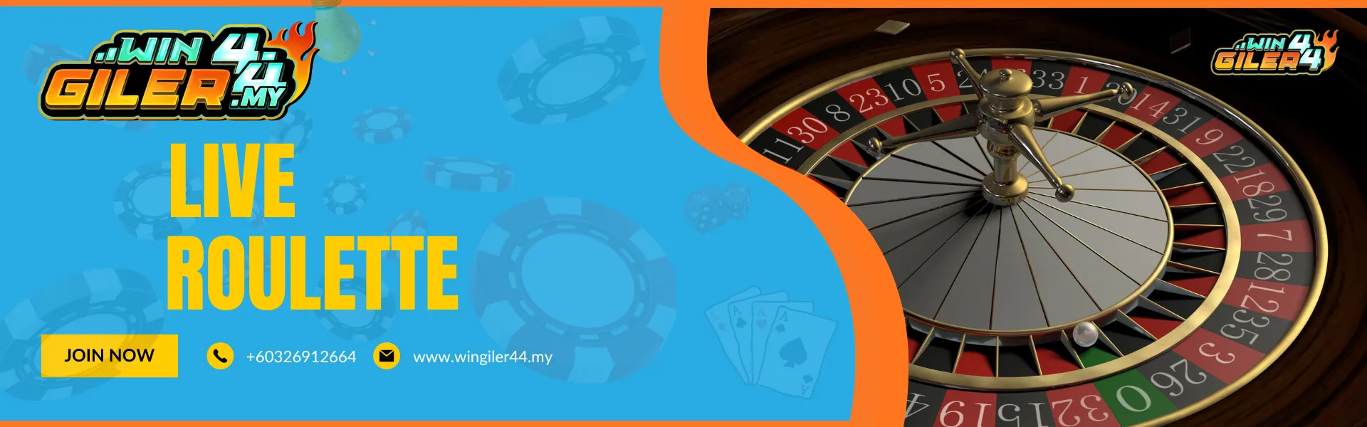 Wingiler44 Malaysia "ROULETTE" banner. The visual showcases a high-definition close-up of a classic mahogany roulette wheel with the white ball in motion and betting chips stacked nearby.