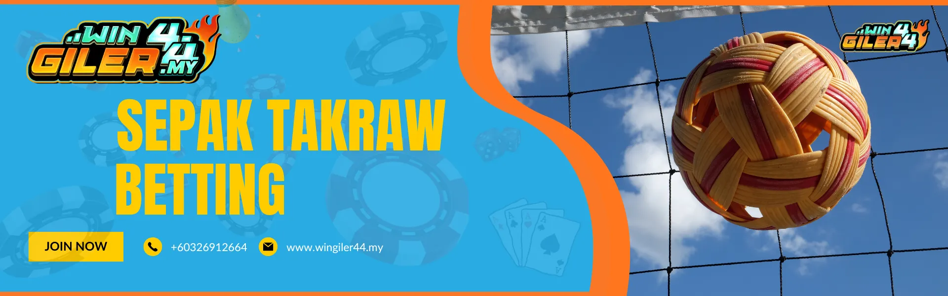 SEPAK TAKRAW" promotional banner for Wingiler44 Malaysia. The image captures an athlete performing an acrobatic "spike" kick over the net, celebrating a popular Malaysian sport.