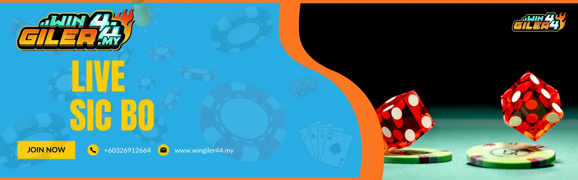 A horizontal banner for Wingiler44 Malaysia titled "Live SIC BO." The right side features three red dice showing different numbers inside a glass shaker on a premium casino table, representing the traditional Asian dice game.