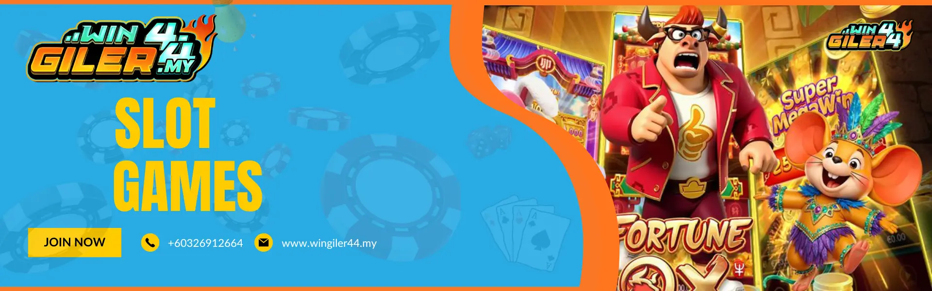 Wingiler44 Malaysia "SLOT GAMES" banner showcasing popular 3D slot characters, including a muscular bull in a red jacket (Fortune Ox) and a festive mouse, representing high-energy mobile slot gaming.