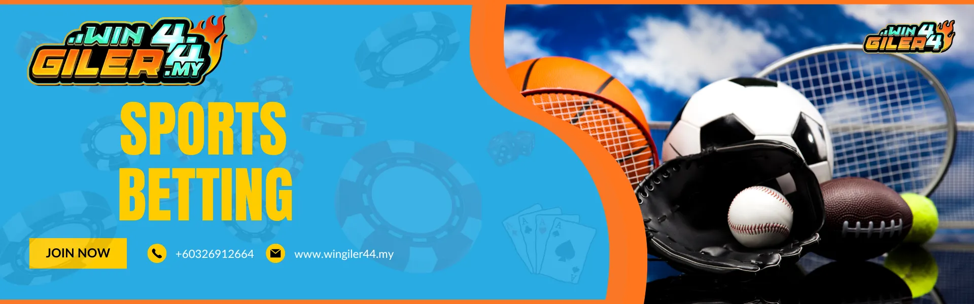 Wingiler44 Malaysia "SPORTS BETTING" banner displaying a collection of sports equipment including a soccer ball, basketball, tennis racket, baseball glove, and American football against a blue sky background.