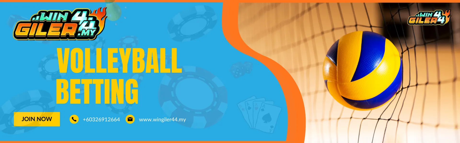 A horizontal banner titled "VOLLEYBALL" for Wingiler44 Malaysia. The right side features an action shot of a professional volleyball match with players mid-jump at the net. The left side includes the website URL and contact number.